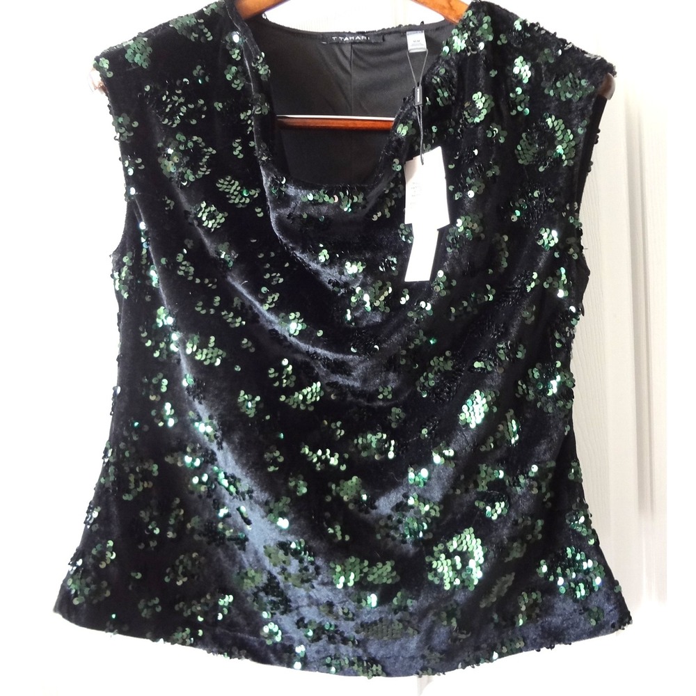 Tahari Womens Black Velvet Emerald Green Sequin Cowl Neck Sleeveless Top NWT Med